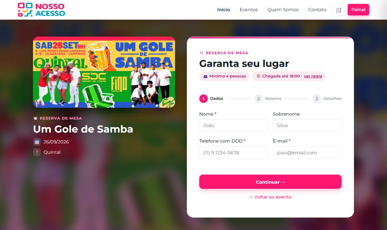Página de reserva de mesa: Garanta seu lugar, mínimo de pessoas e prazo de chegada